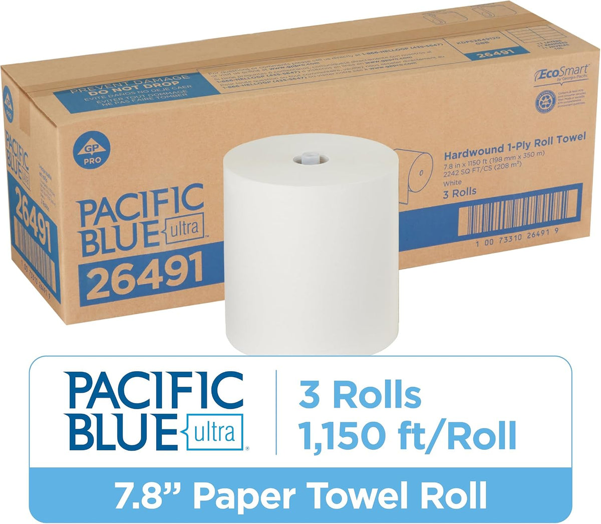 Pacific Blue Ultra 8'' High-Capacity Paper Towel Rolls, White, 26491, 1,150 Linear Feet Per Roll, 3 Rolls Per Case