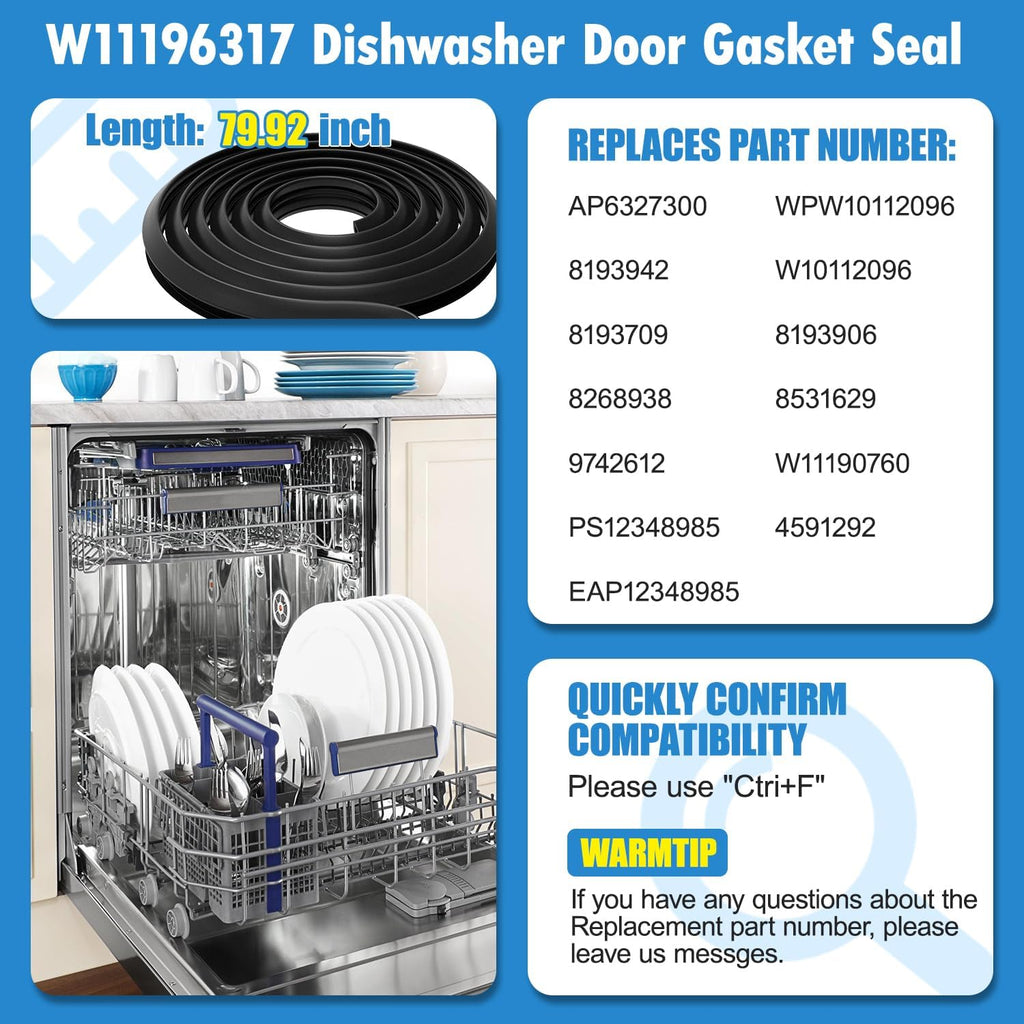 W11196317 Dishwasher Door Seal for Whirlpool Kenmore 665 Dishwashers Parts