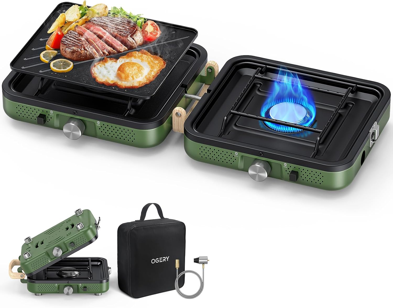 2-Burner Foldable Camping Stove with Griddle (Textured & Smooth) and Carrying Bag, Portable Propane Camp Stove with 2