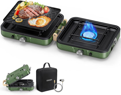 2-Burner Foldable Camping Stove with Griddle (Textured & Smooth) and Carrying Bag, Portable Propane Camp Stove with 2