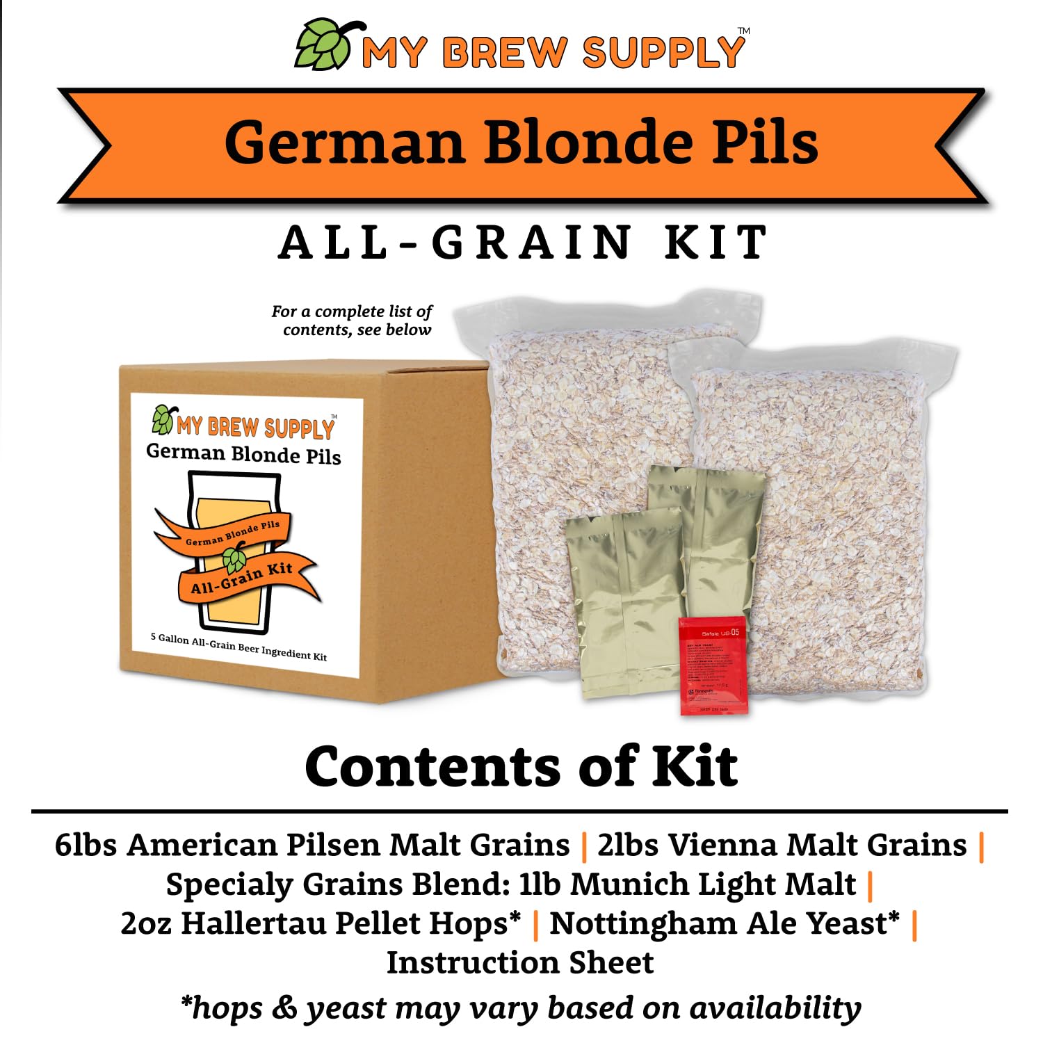 German Blonde Pils Beer Brewing Kit | European 2-Row Pale Ale Malt | Munich Light Grain | Hallertau Pellet Hops |