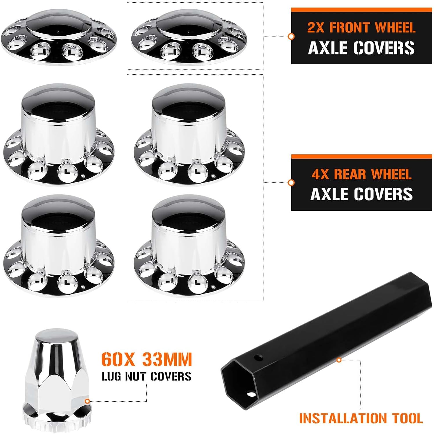 Dome Axle Cover Combo Kits for Semi Truck Hubs w/Screw-On 33mm Lug Nut, ABS Plastic Chrome Plated, 2 Front & 4 Rear
