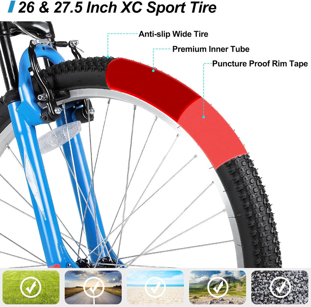 27 Inch Mountain Bike, Mens Womens MTB with 18 Speeds, High-Tensile Steel Frame, V Brake, Hardtail Bicycle for Adults