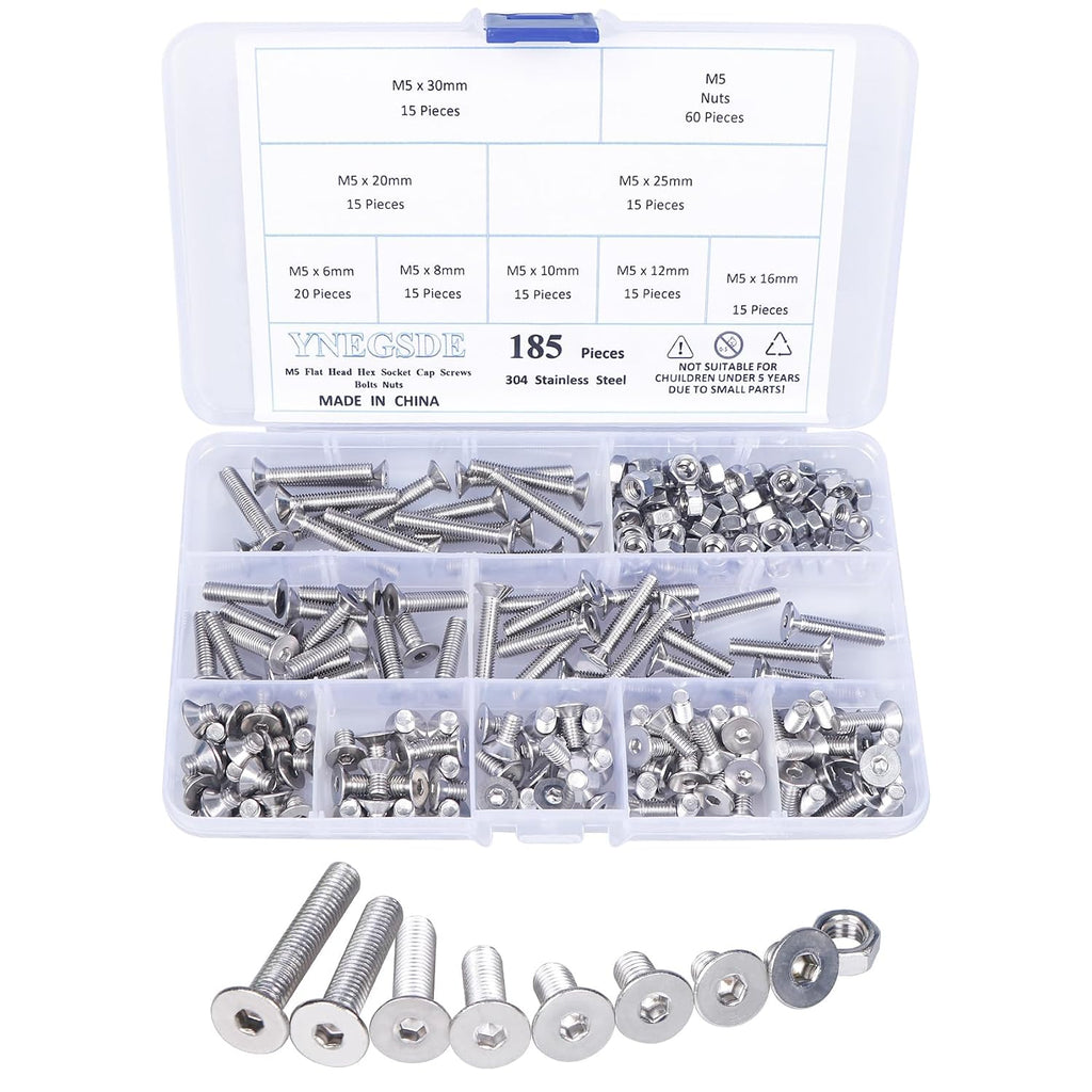 M5 Flat Head Socket Cap Screw Kit, Countersunk Allen Bolts and Hex Nuts