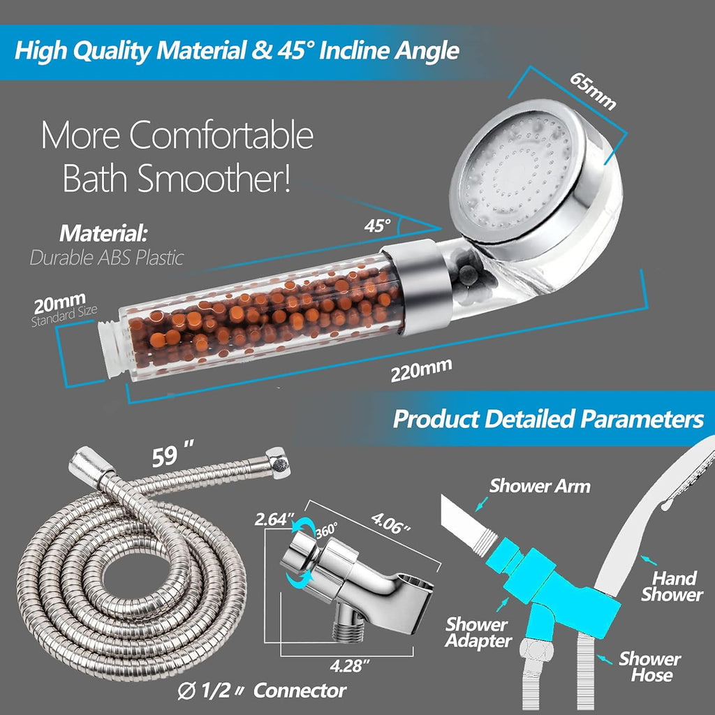 LED Shower Head with Handheld, High Pressure Shower Head with Hose, Holder & PTFE Tape etc, 3 Water