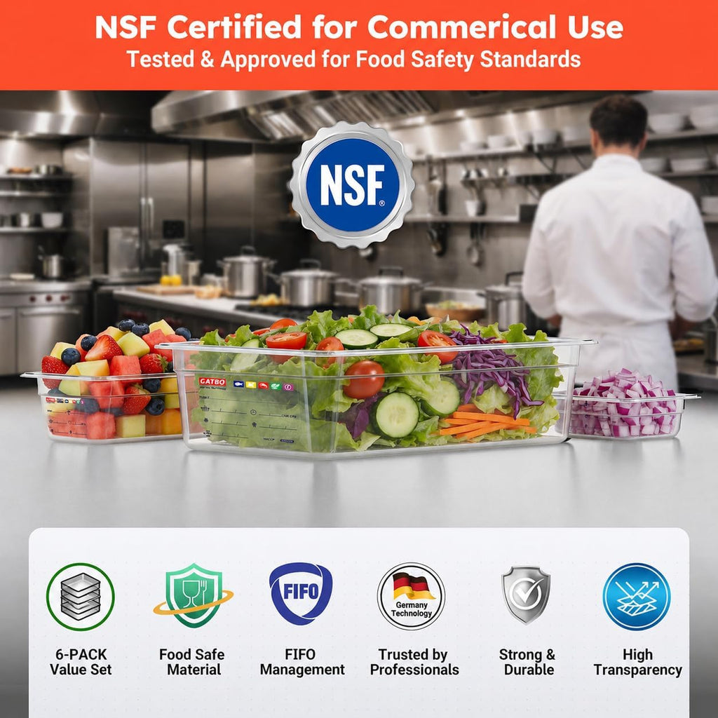 6-Pack 1/6 Size 4" Deep Polycarbonate Food Pans, NSF Commercial Clear Hotel Pan for Sauces, Condiments, Toppings &