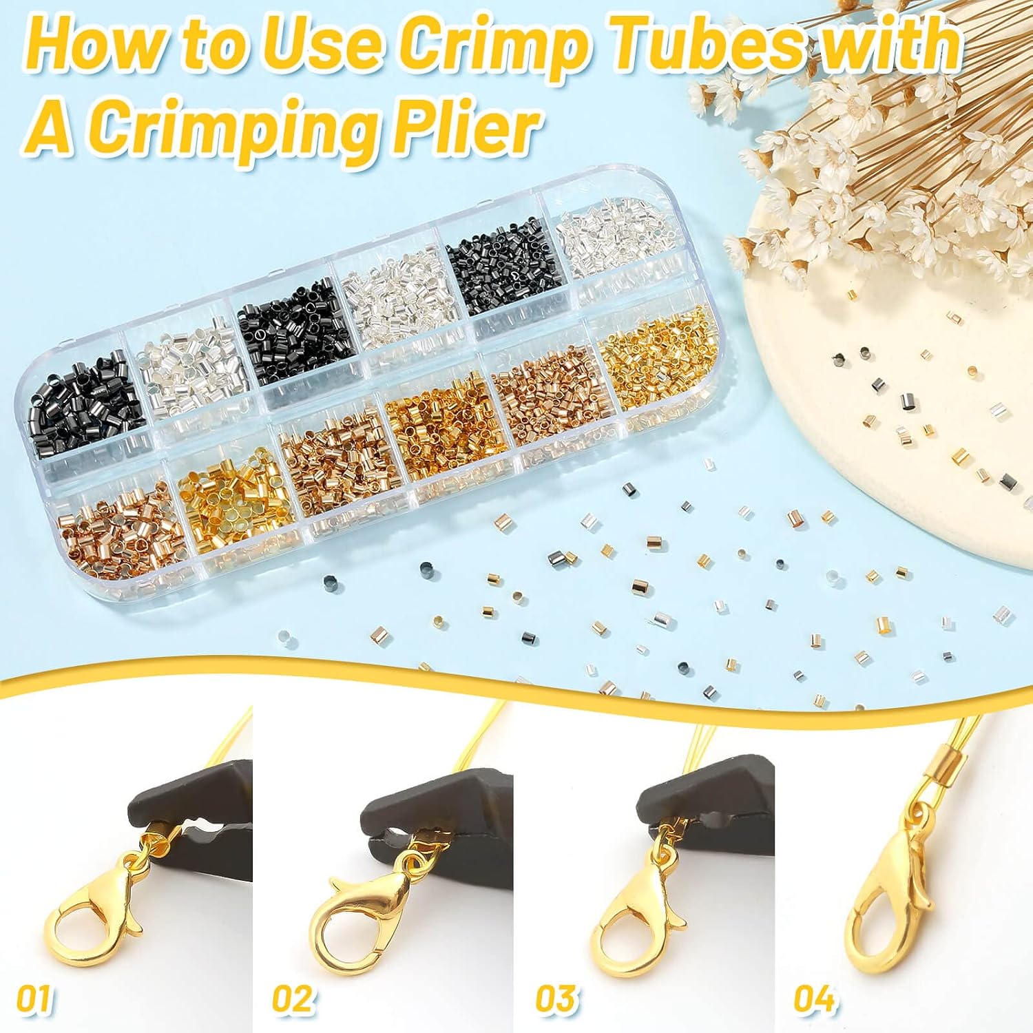 Crimping Beads for Jewelry Making, 2200 Pieces Crimp Tubes with Crimping Pliers for Earring Necklace Bracelet DIY