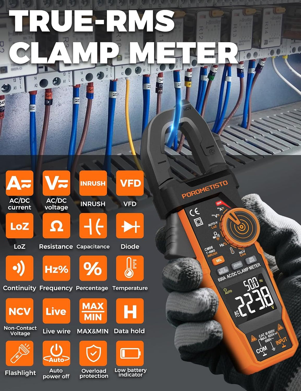Inrush Clamp Meter,CM06 Clamp Multimeter, 6000 Counts 600A, POROMETISTO