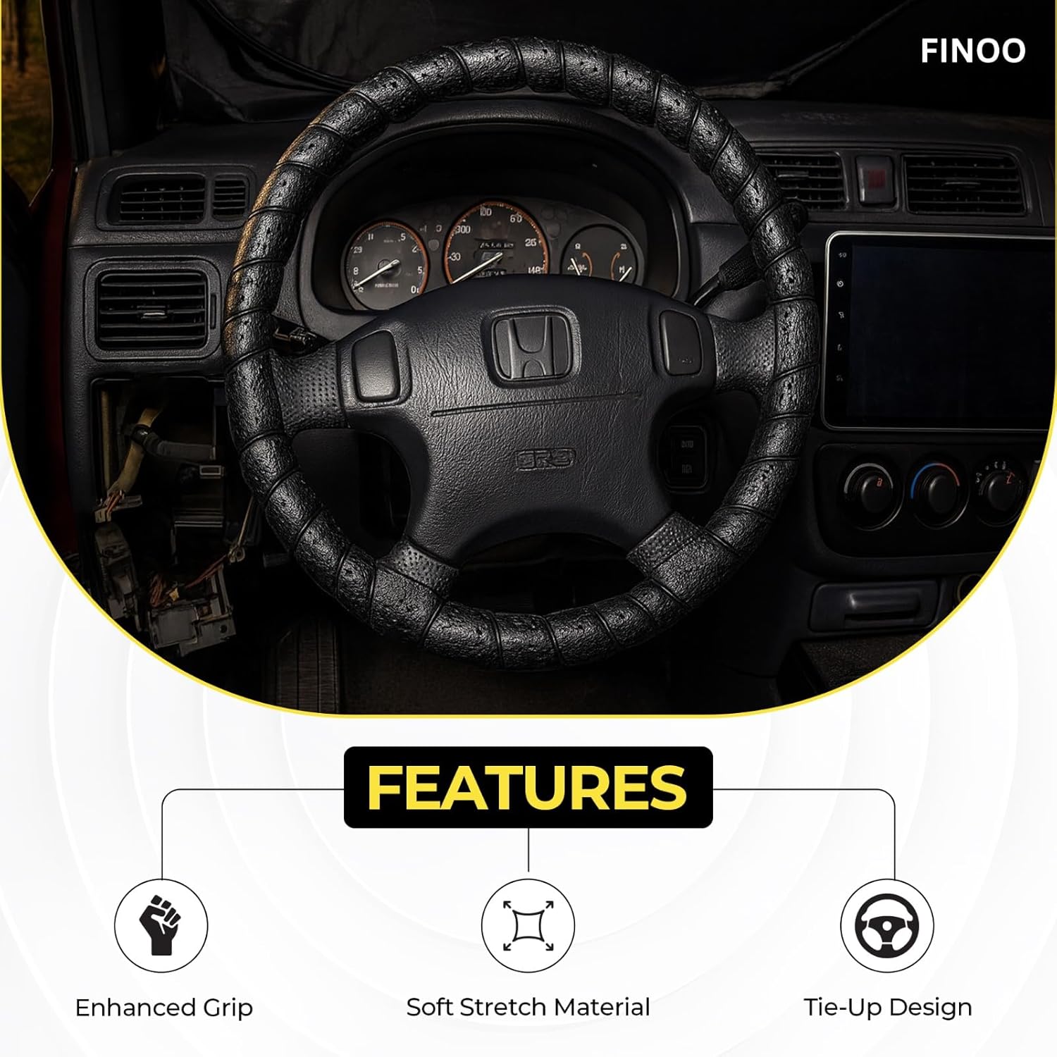 Black Lace-On Steering Wheel Cover, 14–15 Inch Universal Fit, Retro Classic Style for Cars Trucks SUVs, Stretch