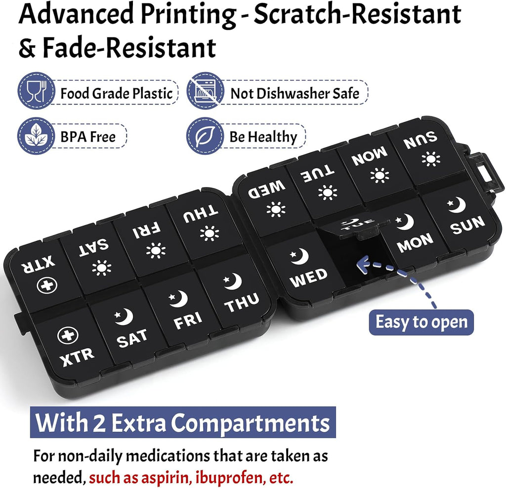 Foldable Weekly Pill Organizer 2 Times a Day with 2 Extra Compartments (Clear Printed Labels) - Portable 7 Day AM PM