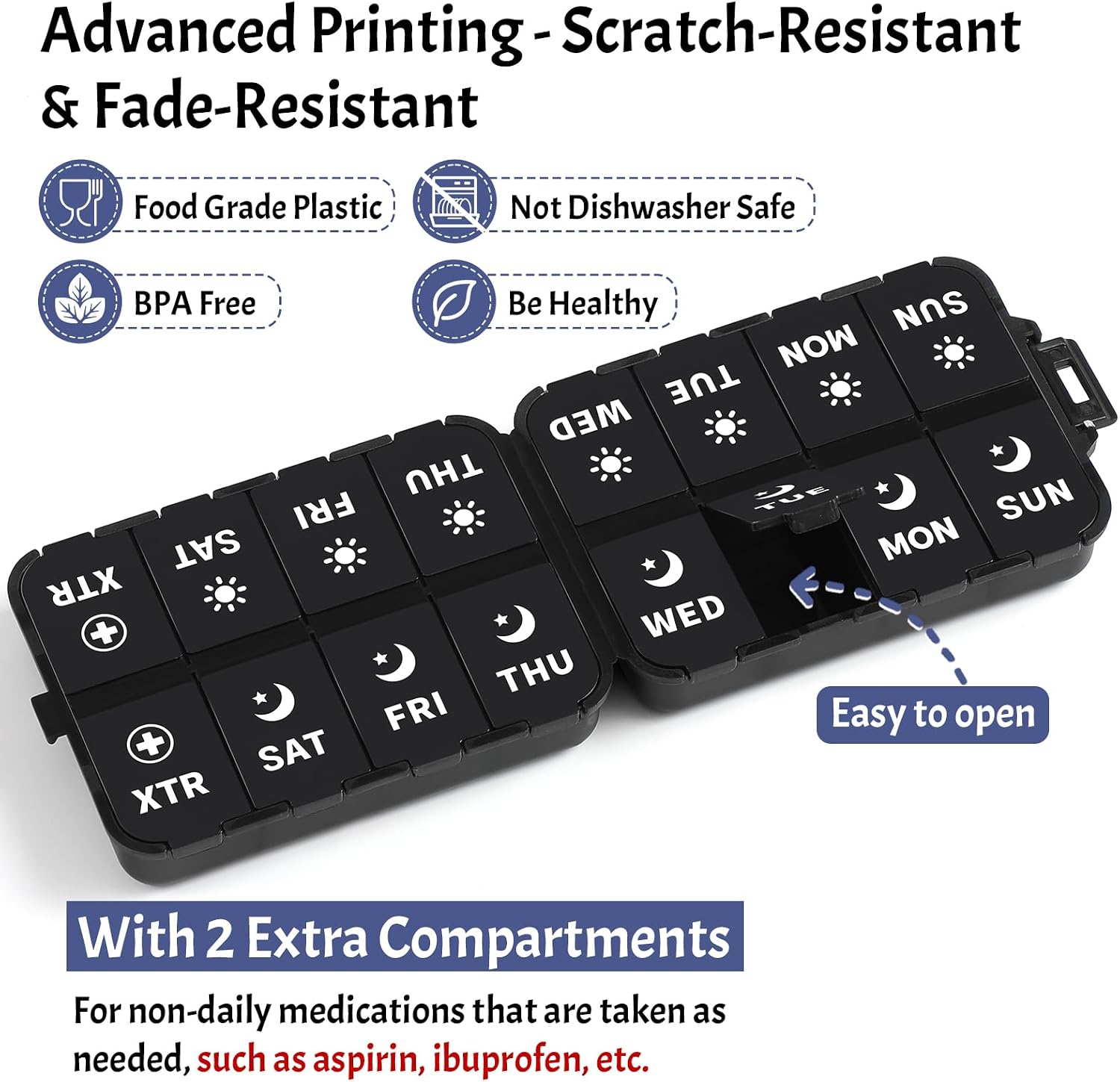 Foldable Weekly Pill Organizer 2 Times a Day with 2 Extra Compartments (Clear Printed Labels) - Portable 7 Day AM PM