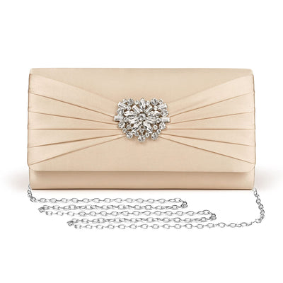 M102 Evening Bags For Women Pleated Satin Rhinestone Brooch Prom Clutch Purse With Detachable Chain Strap Gold