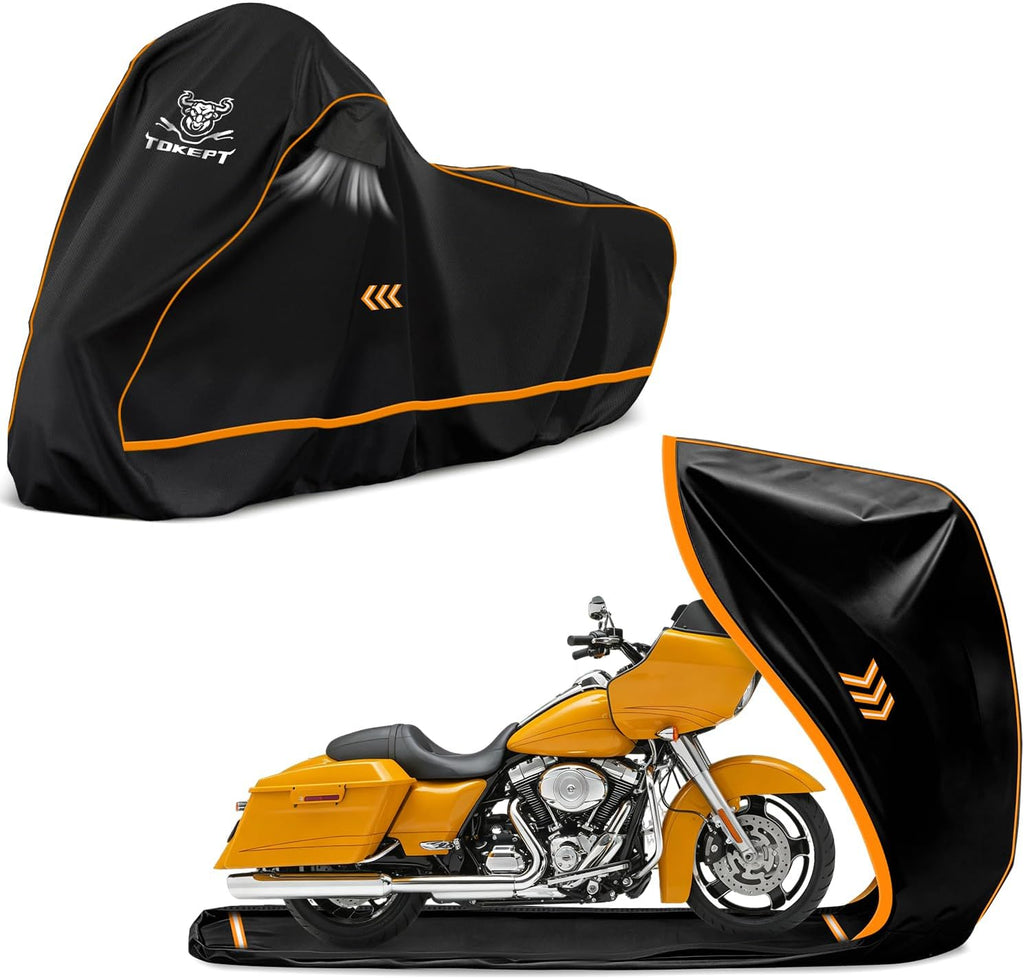 Full Enclosed Motorcycle Cover, 600D Heavy Duty Waterproof Motorcycle Cover with Reflective Strips & Vents, Fits Fits