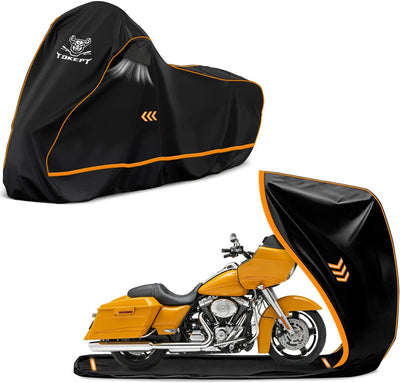 Full Enclosed Motorcycle Cover, 600D Heavy Duty Waterproof Motorcycle Cover with Reflective Strips & Vents, Fits Fits