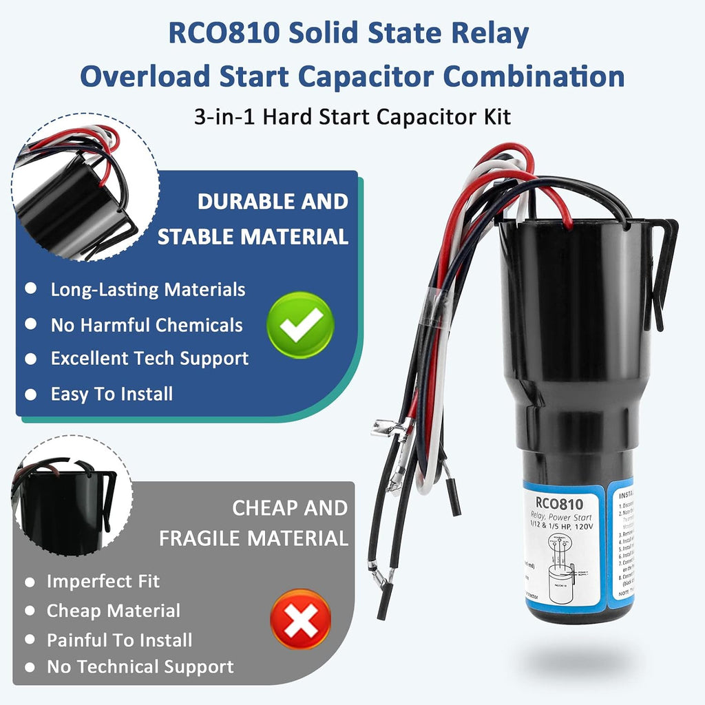 RCO810 Solid State Relay Overload Start Capacitor 3-in-1 Hard Start Capacitor Kit for Refrigerators Compatible for