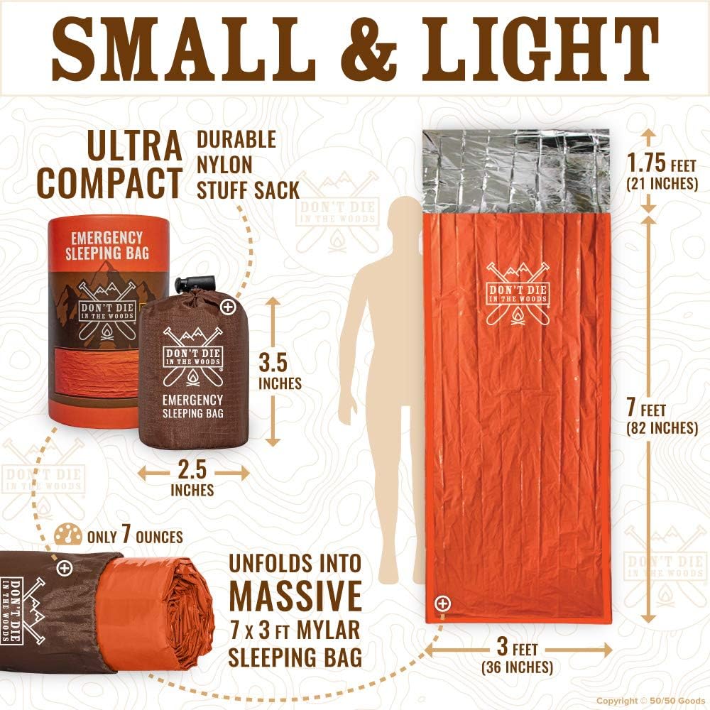 Don’t Die in The Woods – Emergency Sleeping Bag with Hood | Ultralight – Waterproof – Extra Thick – Space Blanket