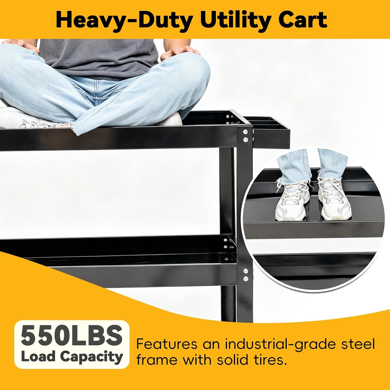 3-Tier Large Heavy-Duty Rolling Tool Cart, 550LBS Utility Carts with Swivel Wheels, Thickened Steel Frame Service