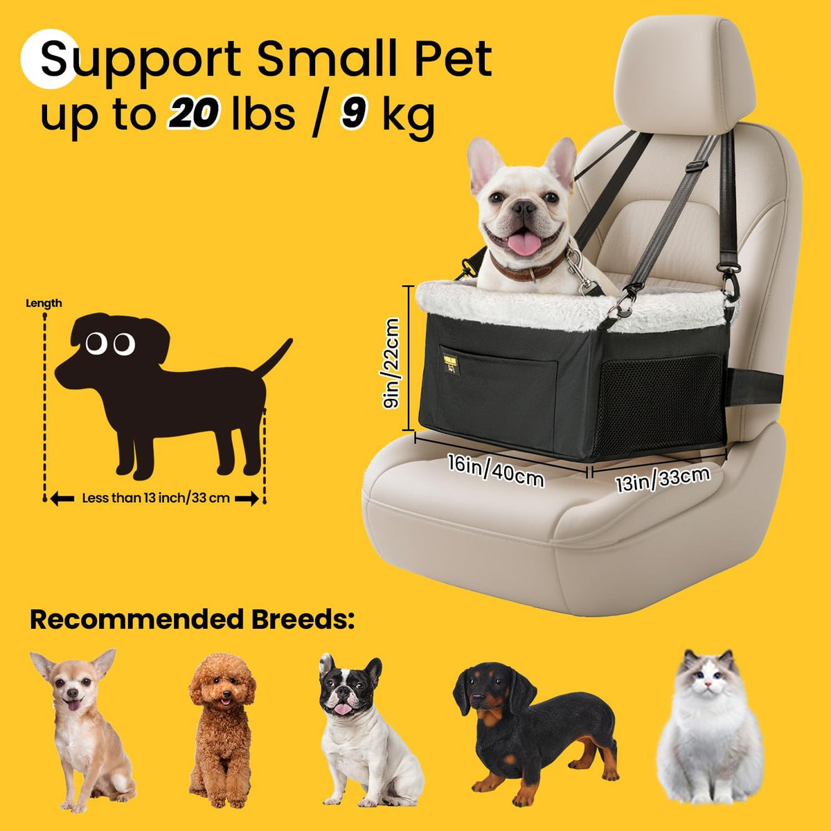 Dog Car Seat Booster | Steel Frame Anti-Collapse | Small Pet | Black