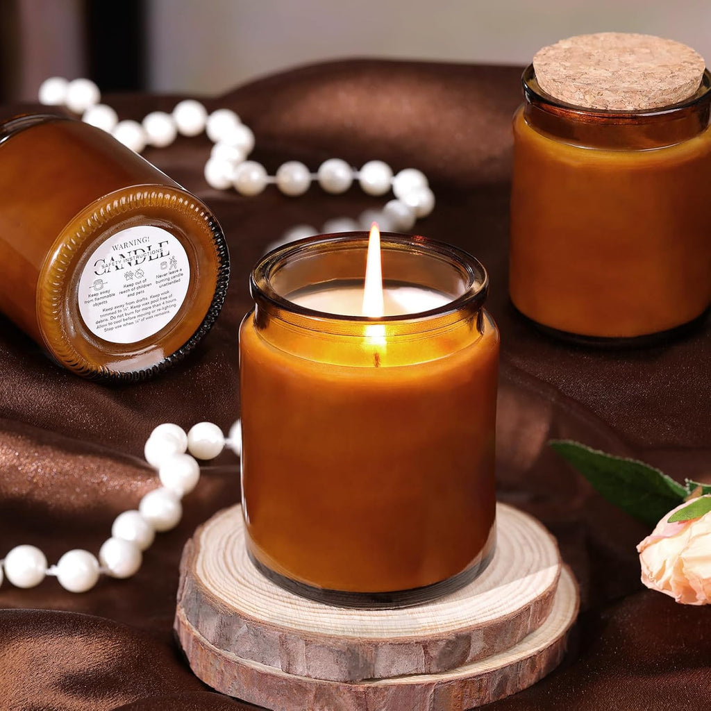 12Pcs Amber Candle Jars for Making Candles, 7.5oz Glass Jars for DIY | Wooden Lids and Labels, Candle Making Supplies