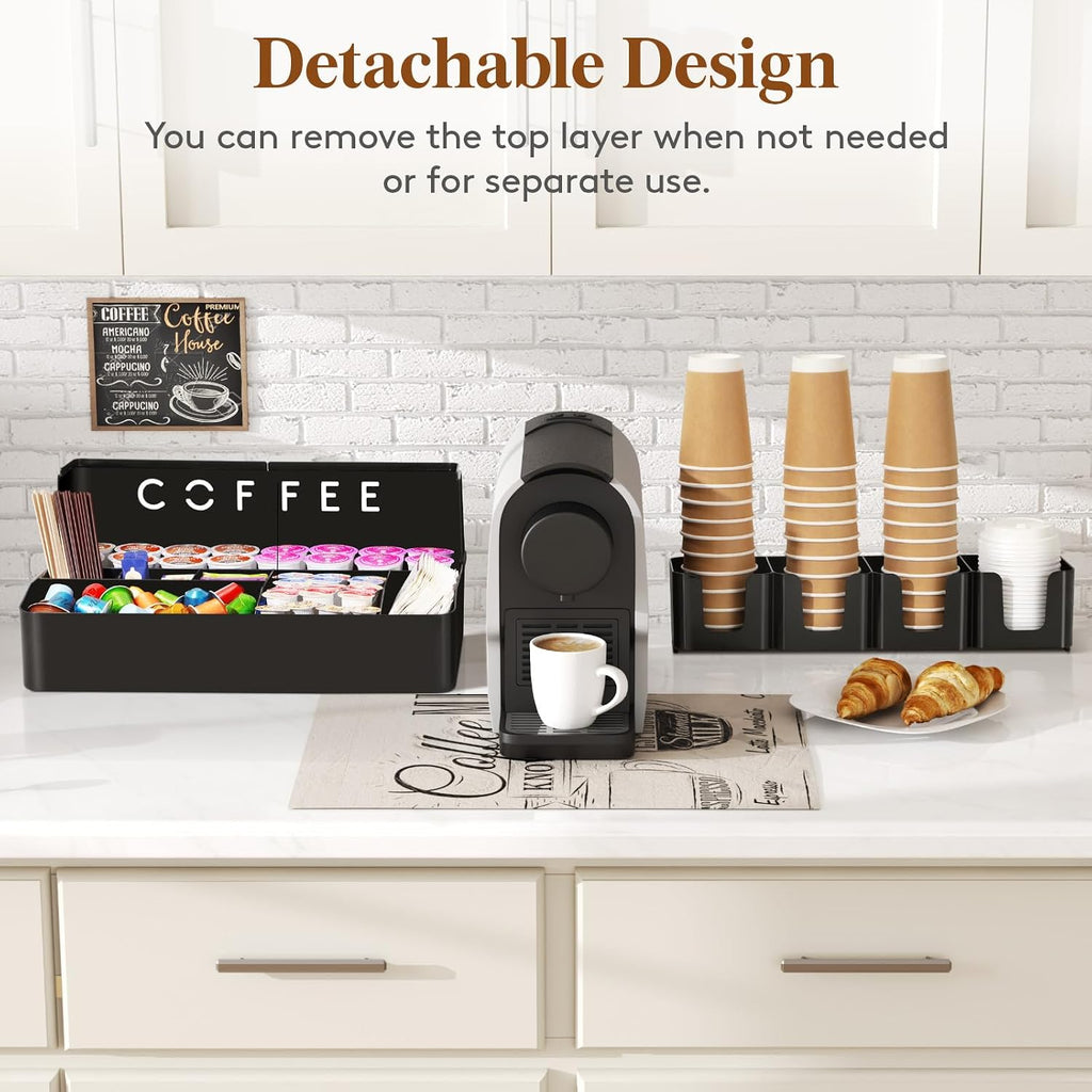 2-tier Coffee Station Organizer, 11 Compartments, Black, Plastic