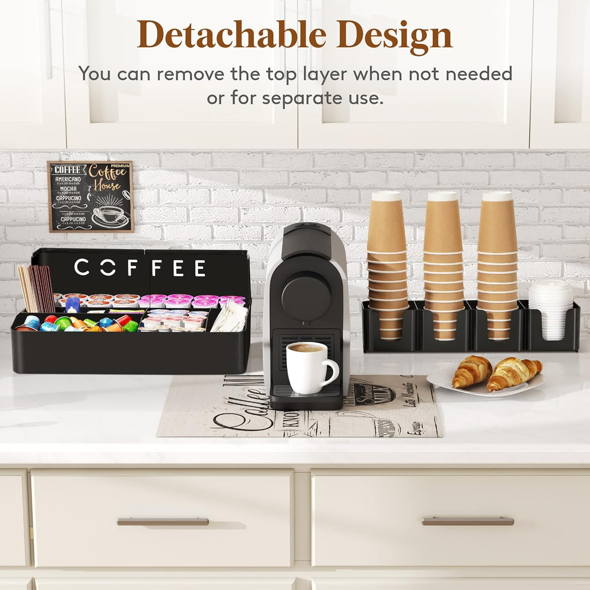 2-tier Coffee Station Organizer, 11 Compartments, Black, Plastic