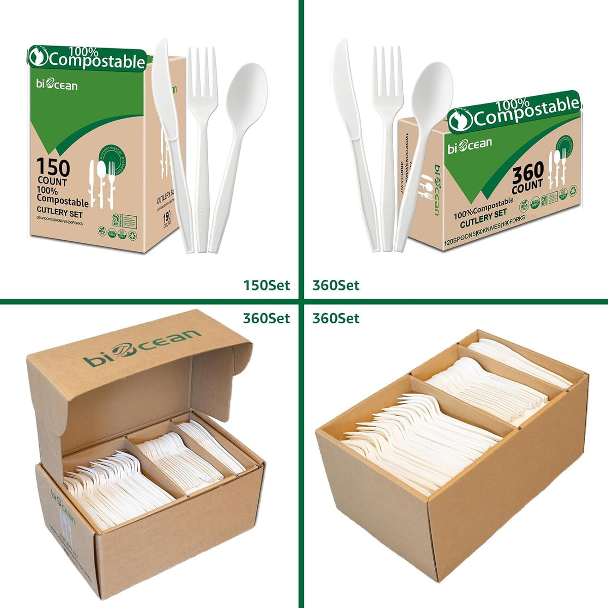 100%Compostable No Plastic Knives Disposable Forks Spoons Plastic Utensils, The Heavyweight Heavy Duty Flatware is