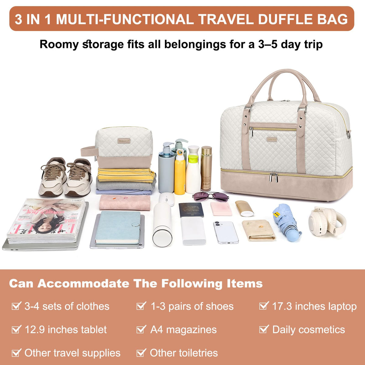 Large Weekender Bag for Women Travel: 3PCS Duffel Bag with Shoe Compartment