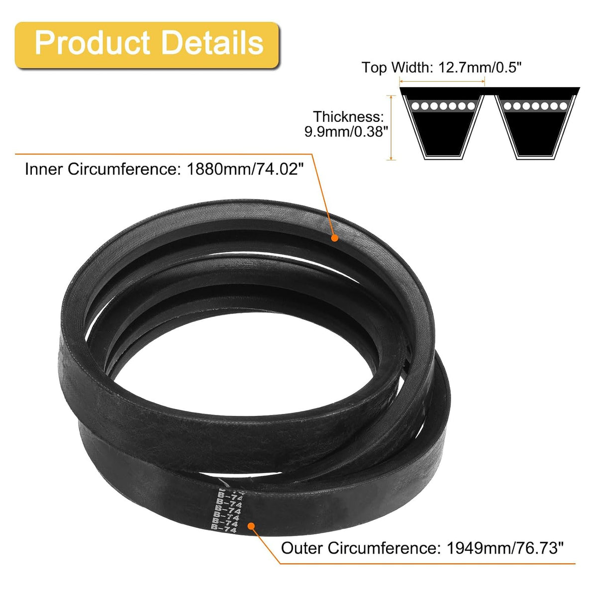 uxcell 2/B74 Classic Wrapped 2 Banded 77" Outer Circ B Profile V-Belt