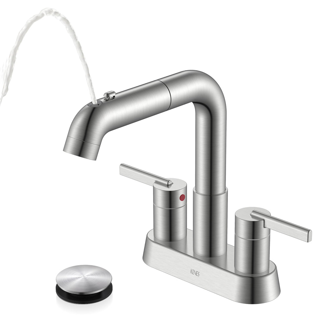 Brushed Nickel Pull Down Centerset Bathroom Faucet 2 Handle 3 Hole