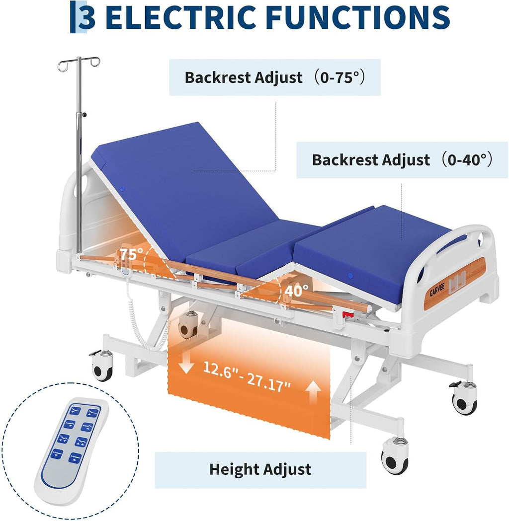 Electric Hospital Bed, 3 Function Medical Bed with Remote Control, Included IV Pole, 4" Foam Mattress & Locking