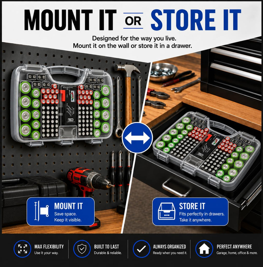 180 Battery Organizer Case with Tester, Double-Sided, Locking Lid