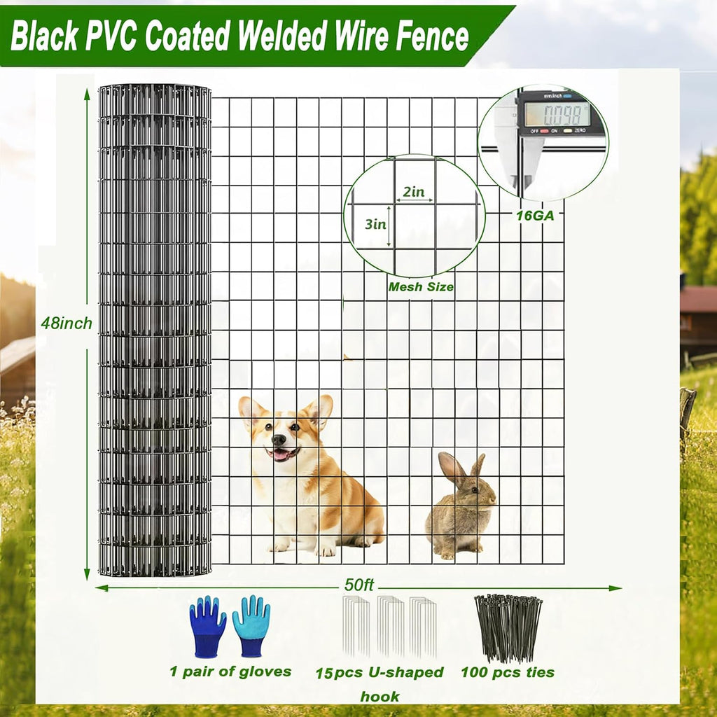Welded Wire Fence 48inch x 50ft Roll,16 Gauge 2" x 3" Mesh Black