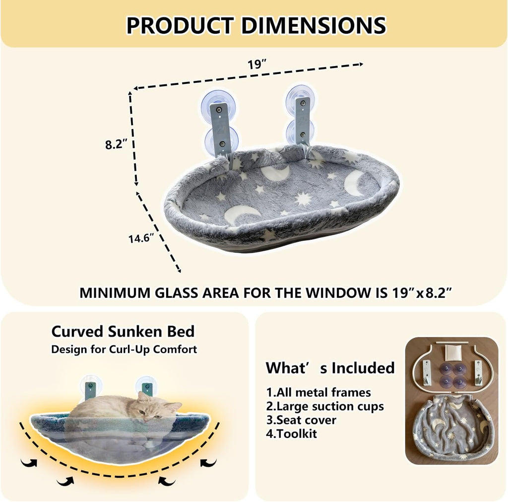 Cat Window Perch Hammock - Glow in the Dark Cordless Foldable Pet Bed with Sturdy Metal Frame & Strong Suction Cups