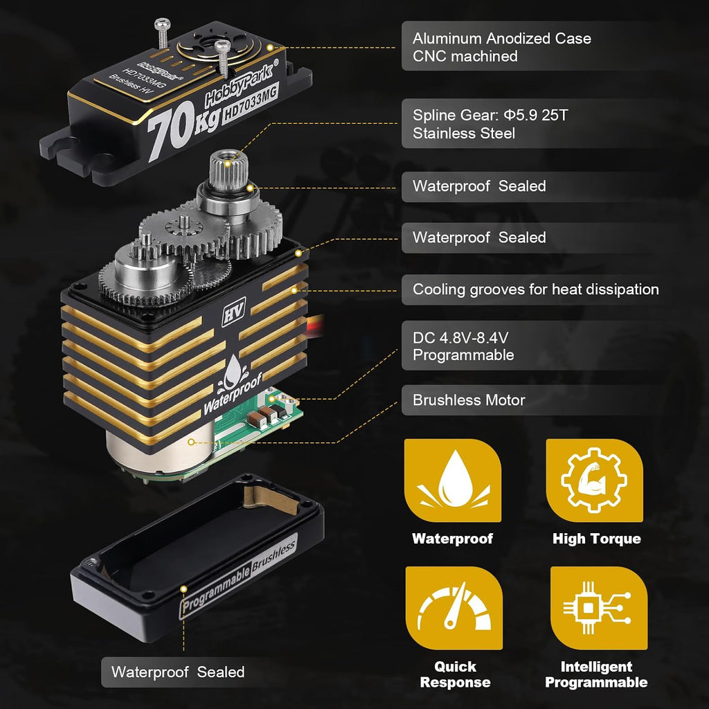 Waterproof 966oz-in 70KG Servo High Torque Servo Brushless Motor 8.4V HV Servo Metal Gear RC Servo Programmable for