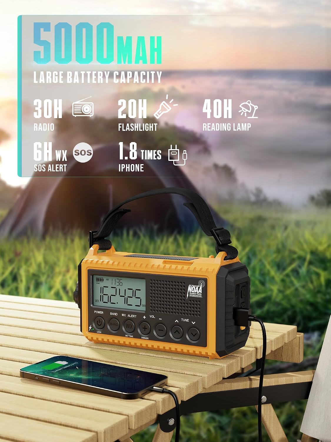 Emergency Radio Hand Crank NOAA Weather Alert/AM/FM/SW, 5000mAh Rechargeable Battery Powered Solar, Portable with