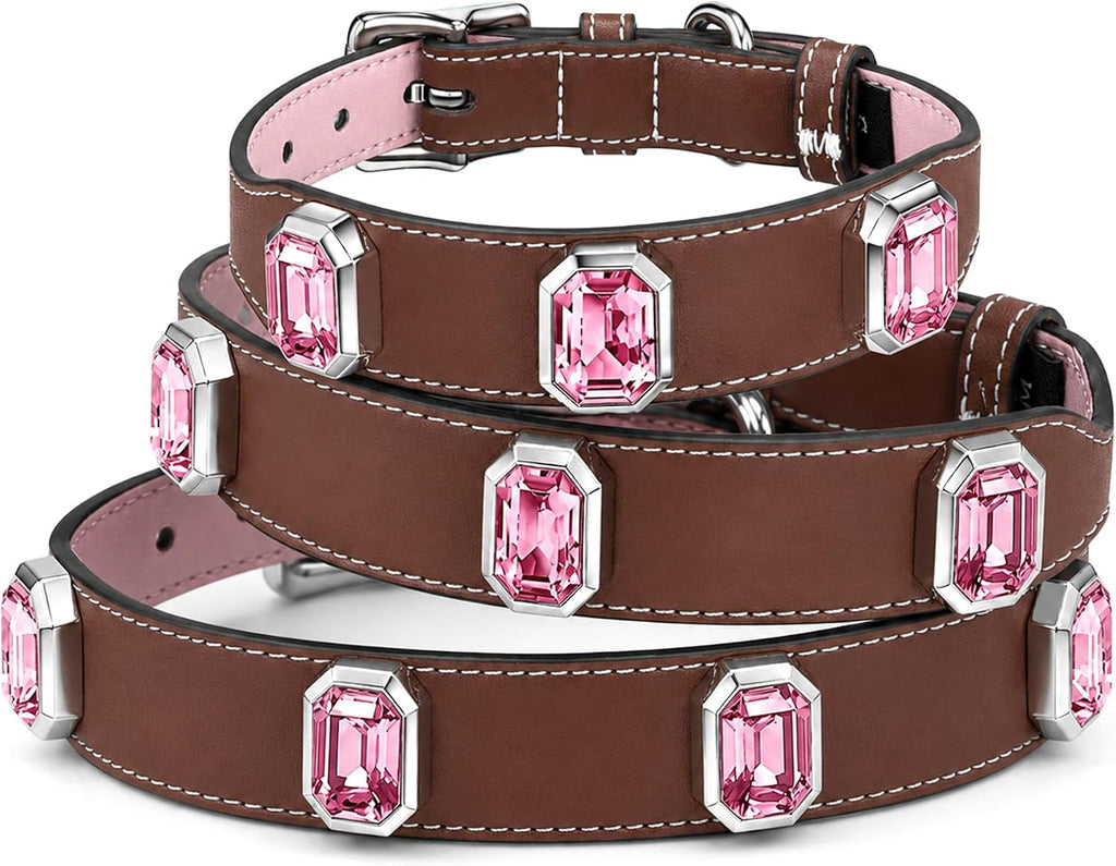 Vegan Leather Dog Collar with Emerald Cut Crystals, Caramel