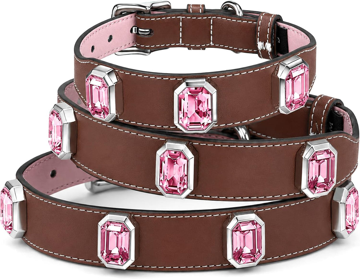 Vegan Leather Dog Collar with Emerald Cut Crystals, Caramel