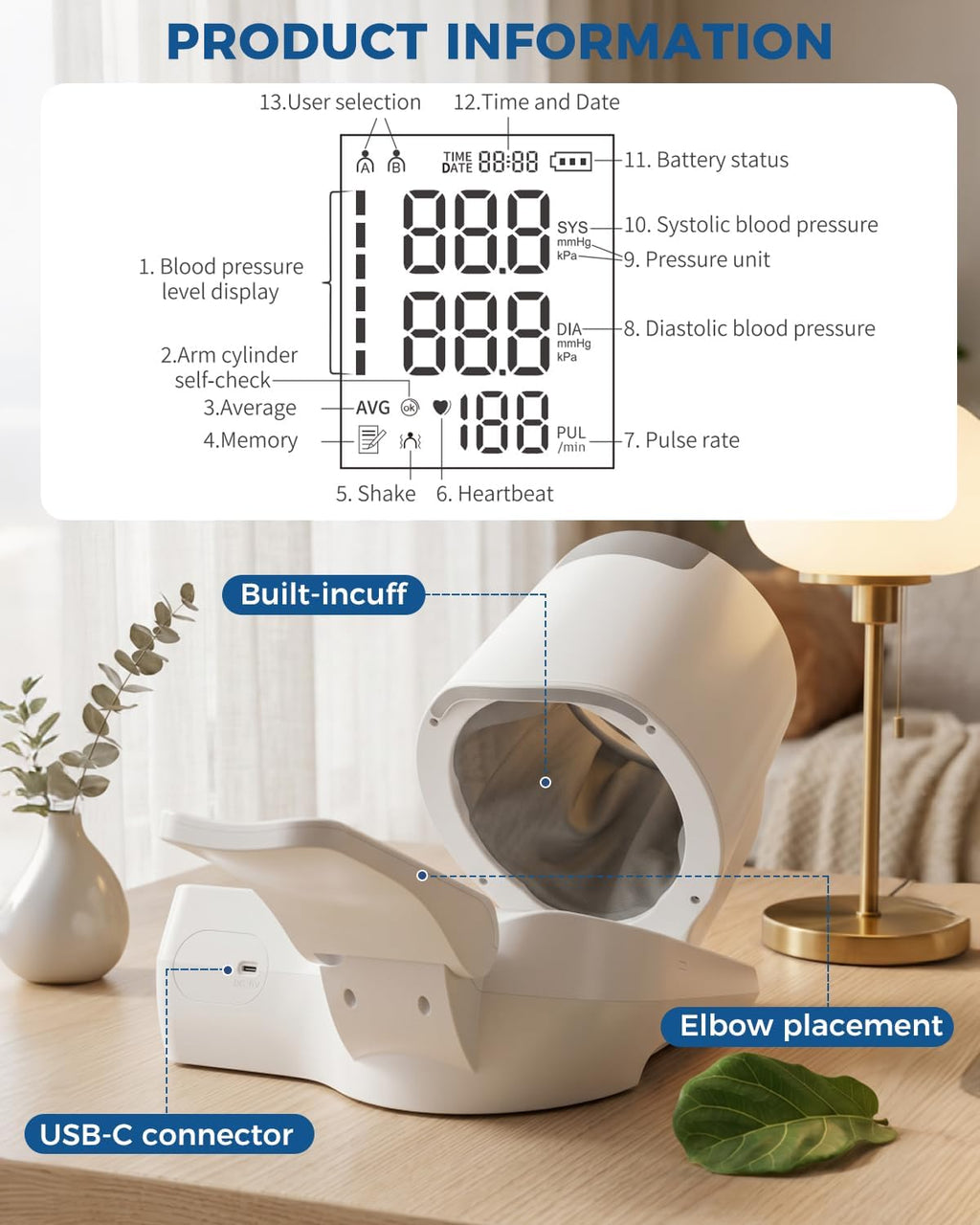 Upper Arm Blood Pressure Monitor, One-Touch Automatic Monitor