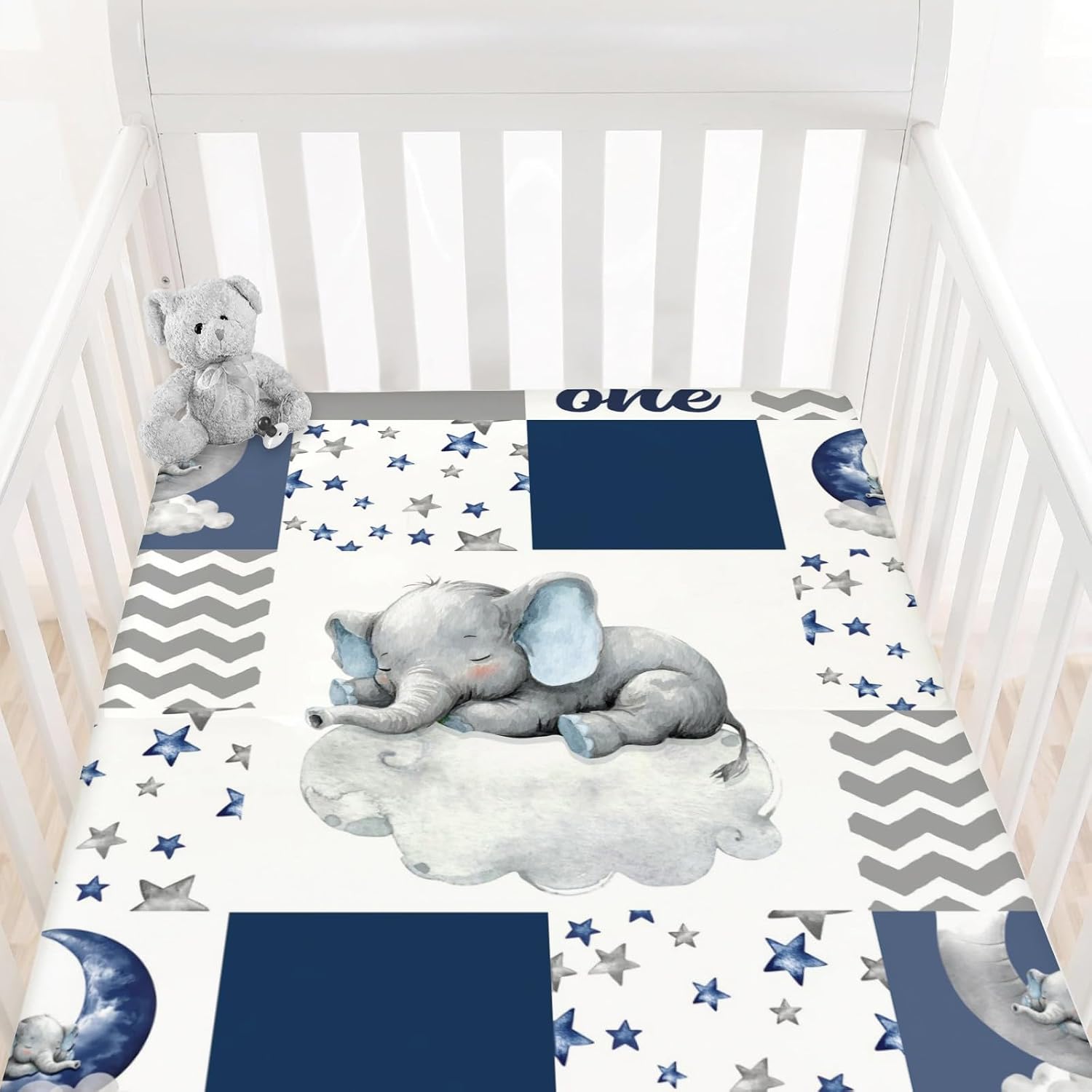 Navy Blue Sleeping Elephant Fitted Standard Crib Sheet Baby Boy, Dream Big Little One You are So Loved Patchwork