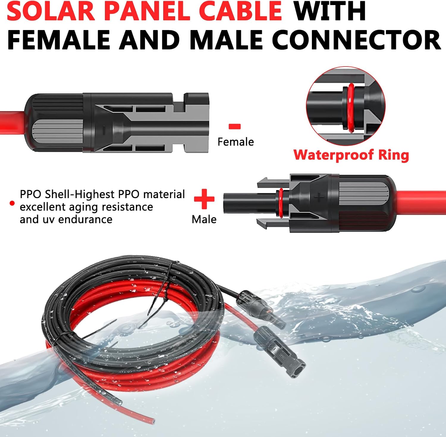 2x30 Feet Solar Panel Extension Cable- 10AWG Solar Cable Solar Panel Cable with Female and Male Waterproof Connectors