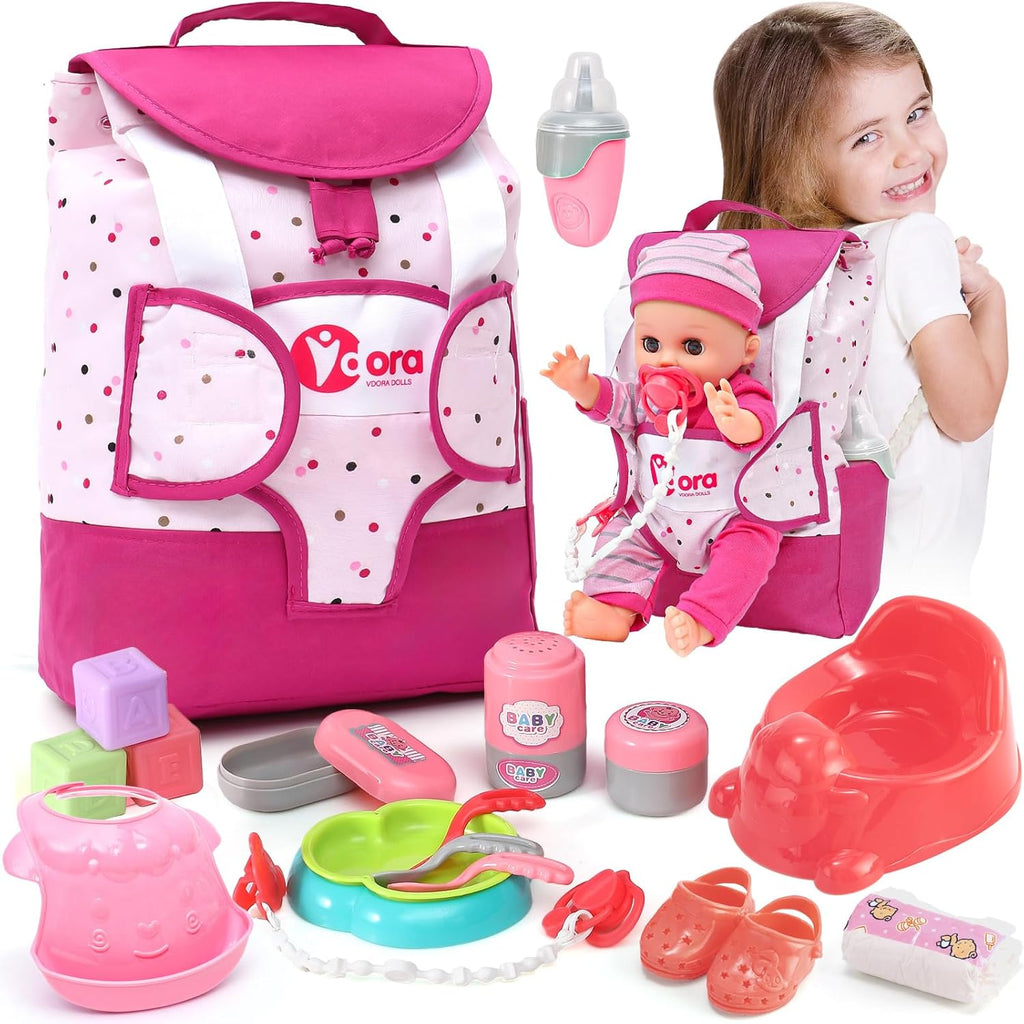 Baby Doll Accessories Playset, Baby Doll Care Toys with Changing Bag Backpack Feeding Set Doll Nappies Bottle Bath