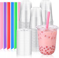 100 Sets 16oz Clear Plastic Cups with Lids & Colorful Boba Straws