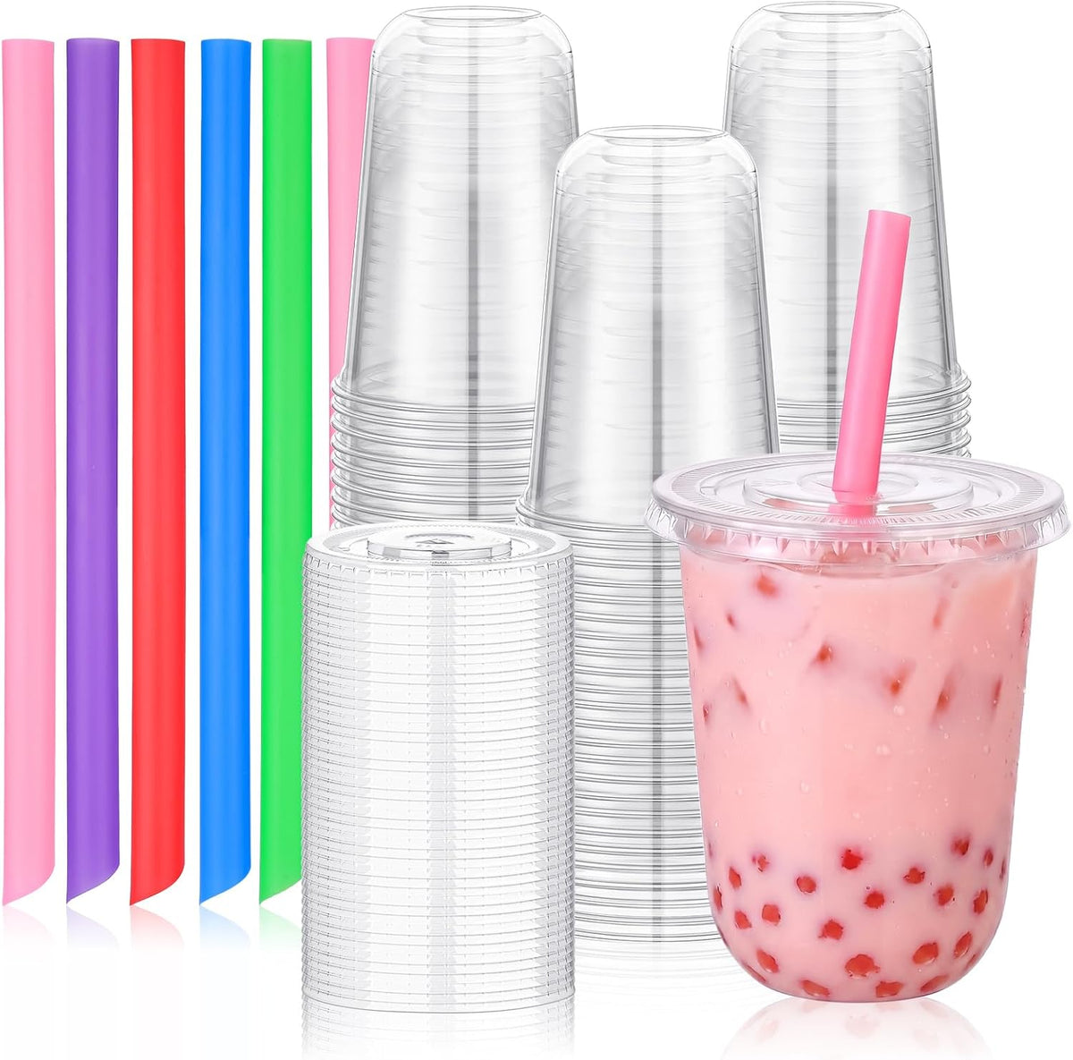 100 Sets 16oz Clear Plastic Cups with Lids & Colorful Boba Straws