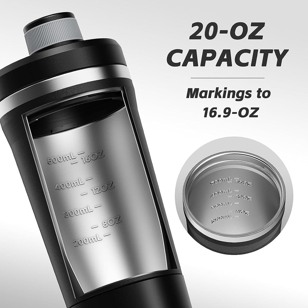 Insulated Stainless Steel Protein Shaker Bottle, 20oz Metal Mixer | Leak-Proof Twist Lock Lid with Detachable Powder