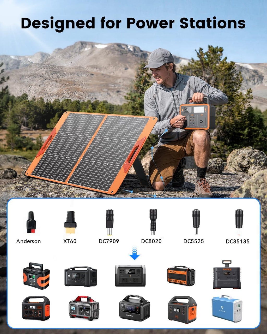 100W Portable Solar Panel for Power Station, 23.5% High Efficiency Foldable Solar Charger with DC/XT60/Anderson