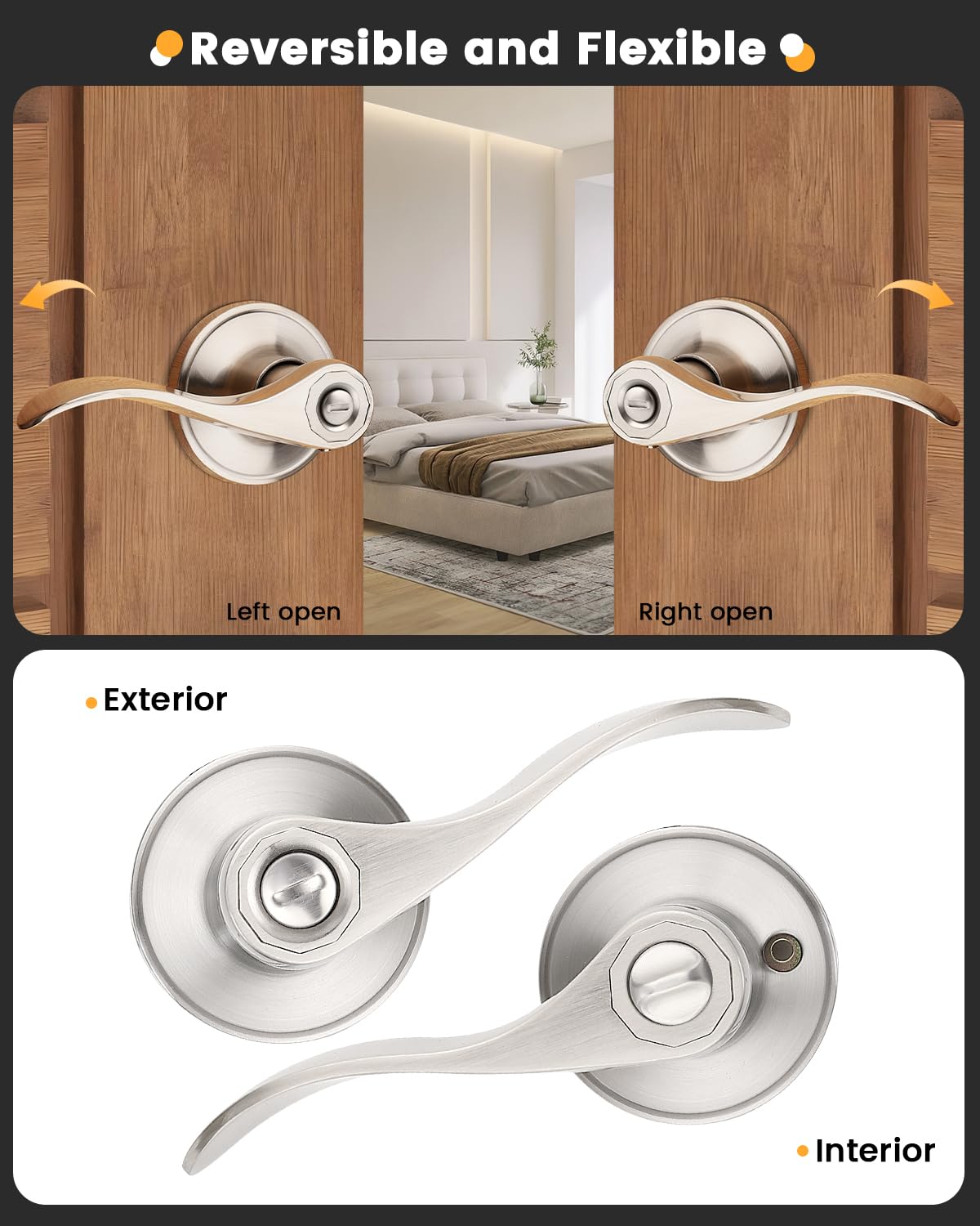 6 Pack Privacy Locksets Interior Door Levers/Handles for Bedroom Bath, Wave Levers, Right Left Handed Door Knobs