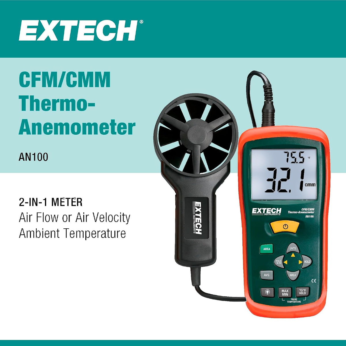 Extech AN100 CFM/CMM Mini Thermo-Anemometer, Air Flow and Velocity