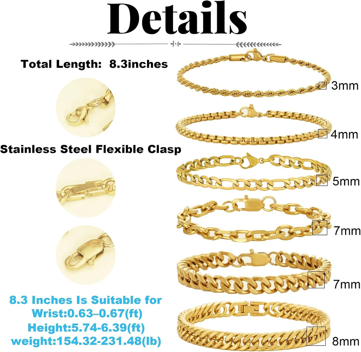6pc Silver/Gold/Black Stainless Steel Bracelets for Men Gifts | 6.5/7/7.5/8.3/9 Inches Cuban Link Chain Bracelets Set