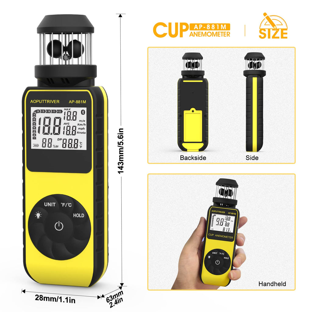 Handheld Anemometers,AOPUTTRIVER 881M Wind Cup 93MPH Air Velocity Meter
