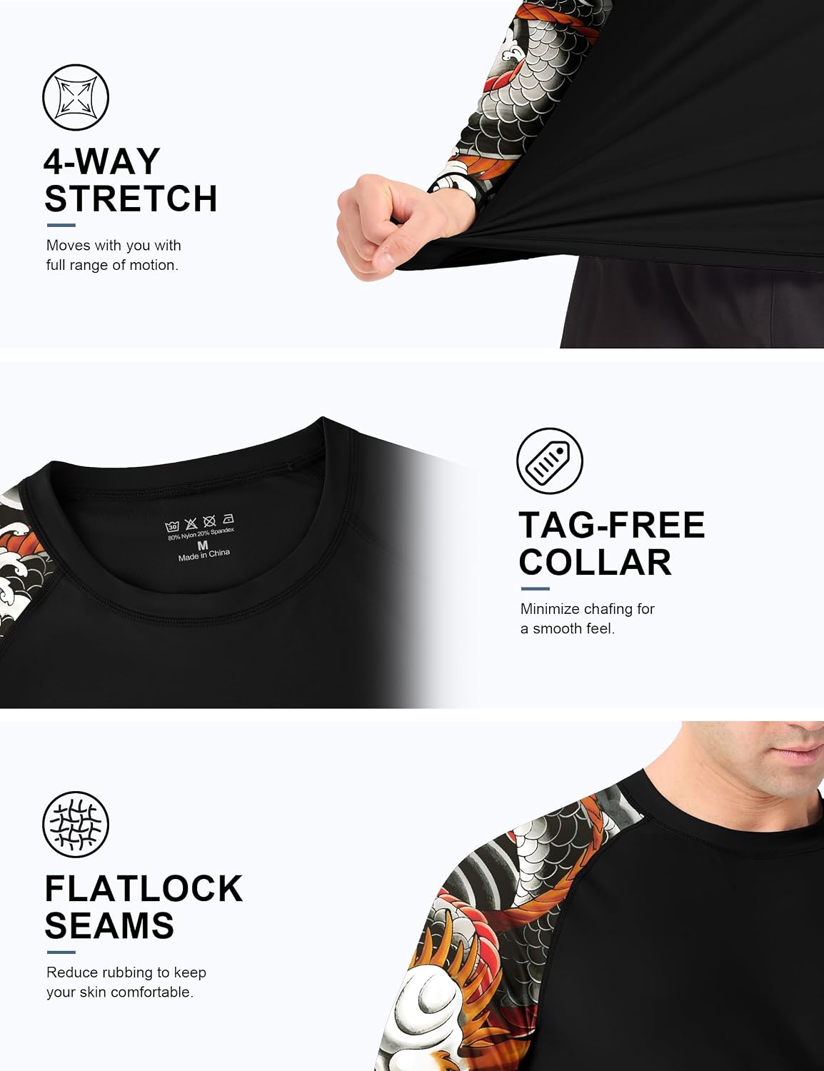 Men's UPF 50+ BJJ Rash Guard, Jiu Jitsu Long Sleeve Compression Shirts, MMA Athletic Base Layer Wrestling Grappling